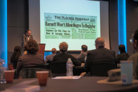 Dr. Micah Reuber of Mississippi Valley State University talked about a liquid chlorine emergency that coincided with James Meredith's effort to be admitted to the University of Mississippi.
